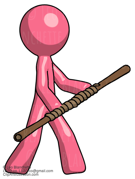 Pink Design Mascot Man Holding Bo Staff In Sideways Defense Pose #9702