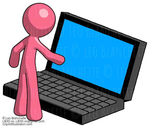 Pink Design Mascot Man Using Large Laptop Computer #9704