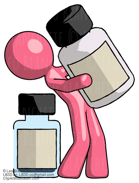 Pink Design Mascot Man Holding Large White Medicine Bottle With Bottle In Background #9705