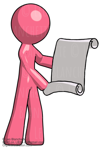 Pink Design Mascot Man Holding Blueprints Or Scroll #9707