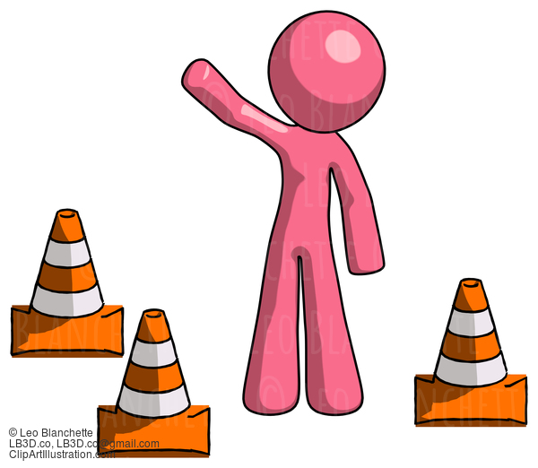 Pink Design Mascot Man Standing By Traffic Cones Waving #9711