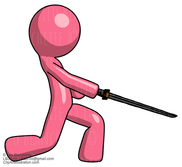 Pink Design Mascot Man With Ninja Sword Katana Slicing Or Striking Something #9712