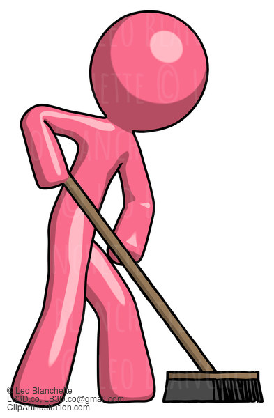 Pink Design Mascot Man Cleaning Services Janitor Sweeping Side View #9714