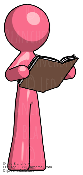 Pink Design Mascot Man Reading Book While Standing Up Facing Away #9718