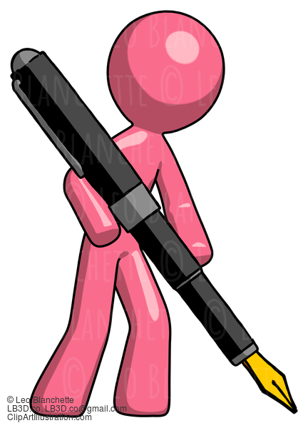 Pink Design Mascot Man Drawing Or Writing With Large Calligraphy Pen #9725