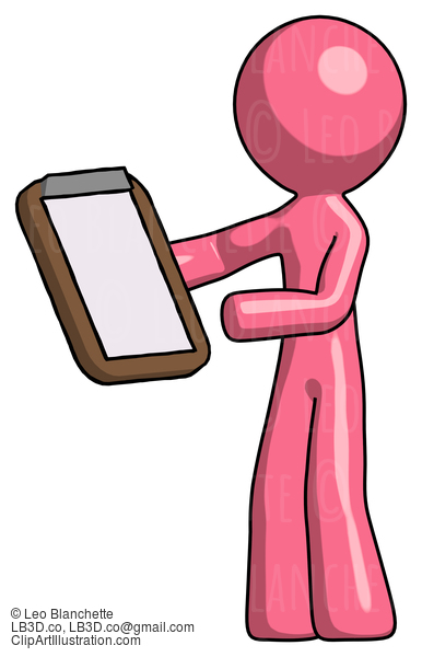 Pink Design Mascot Man Reviewing Stuff On Clipboard #9727