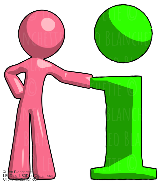 Pink Design Mascot Man With Info Symbol Leaning Up Against It #9729