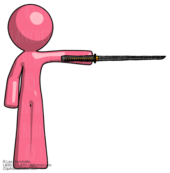 Pink Design Mascot Man Standing With Ninja Sword Katana Pointing Right #9732