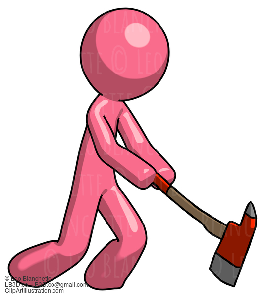 Pink Design Mascot Man Striking With A Red Firefighter’S Ax #9733