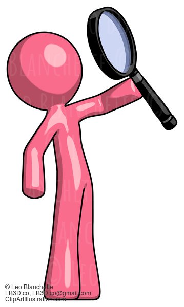 Pink Design Mascot Man Inspecting With Large Magnifying Glass Facing Up #9736