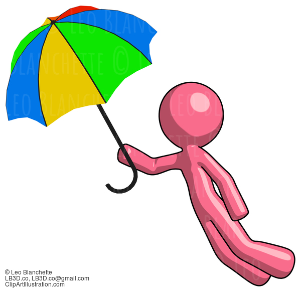 Pink Design Mascot Man Flying With Rainbow Colored Umbrella #9737