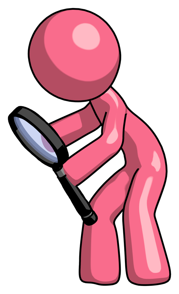 Pink Design Mascot Man Inspecting with large magnifying glass left