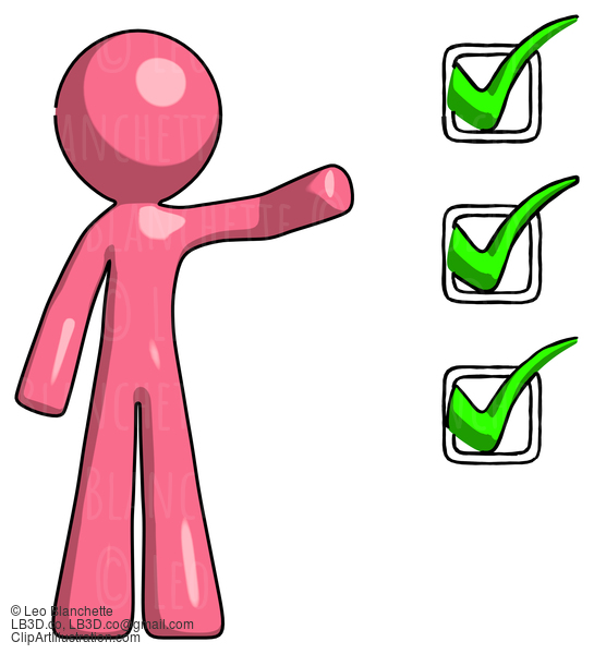 Pink Design Mascot Man Standing By List Of Checkmarks #9741