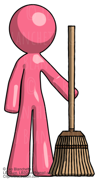 Pink Design Mascot Man Standing With Broom Cleaning Services #9743