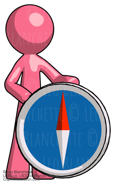 Pink Design Mascot Man Standing Beside Large Compass #9750