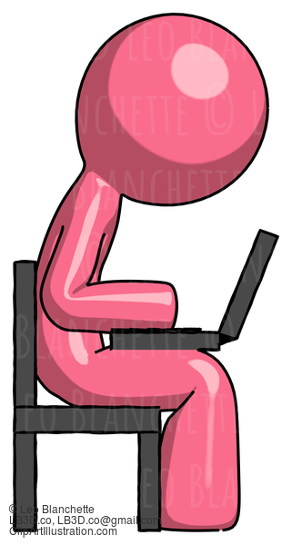 Pink Design Mascot Man Using Laptop Computer While Sitting In Chair View From Side #9756