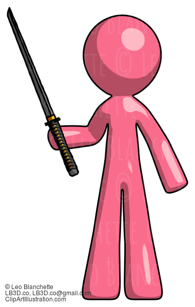 Pink Design Mascot Man Standing Up With Ninja Sword Katana #9758