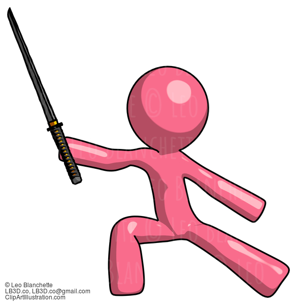 Pink Design Mascot Man With Ninja Sword Katana In Defense Pose #9765