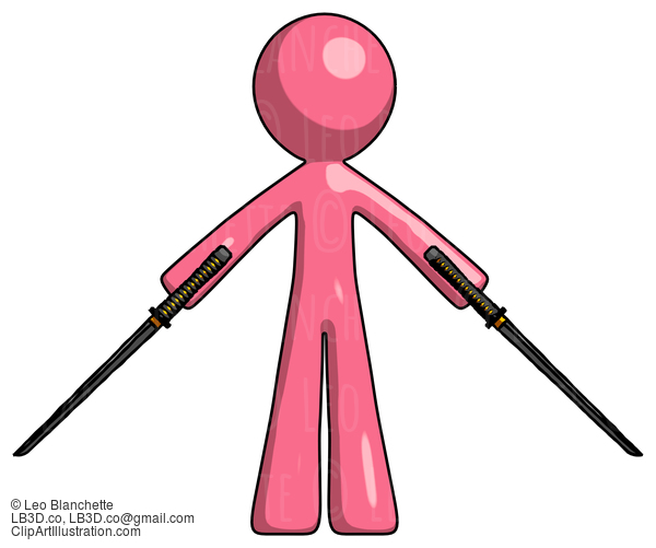 Pink Design Mascot Man Posing With Two Ninja Sword Katanas #9767