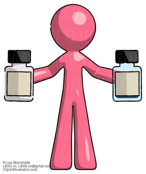 Pink Design Mascot Man Holding Two Medicine Bottles #9768