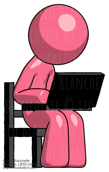 Pink Design Mascot Man Using Laptop Computer While Sitting In Chair Angled Right #9771