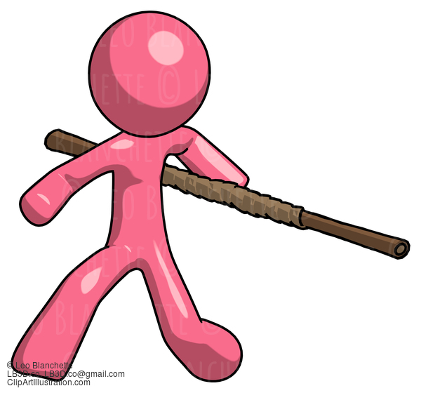 Pink Design Mascot Man Bo Staff Action Hero Kung Fu Pose #9772