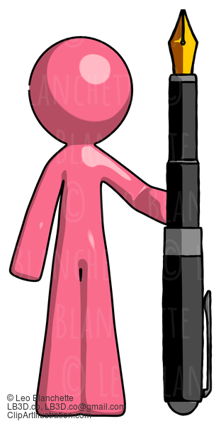 Pink Design Mascot Man Holding Giant Calligraphy Pen #9773