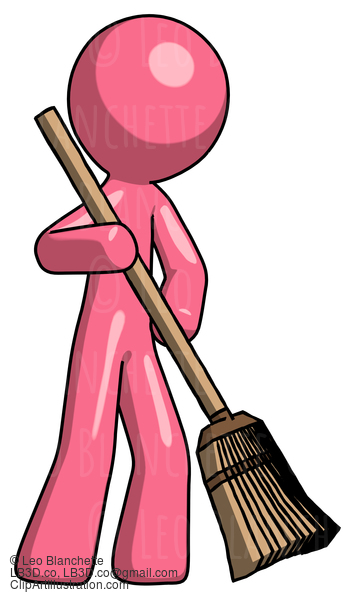 Pink Design Mascot Man Sweeping Area With Broom #9776