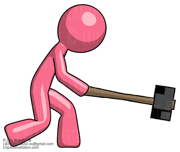 Pink Design Mascot Man Hitting With Sledgehammer, Or Smashing Something #9781