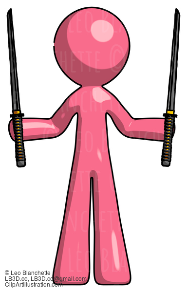 Pink Design Mascot Man Posing With Two Ninja Sword Katanas Up #9786