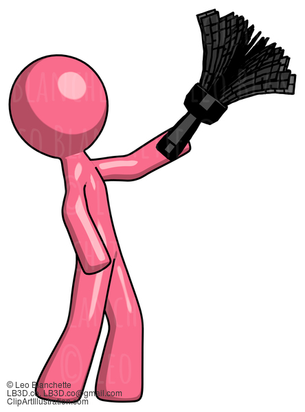 Pink Design Mascot Man Dusting With Feather Duster Upwards #9787