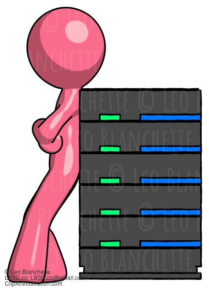 Pink Design Mascot Man Resting Against Server Rack #9789