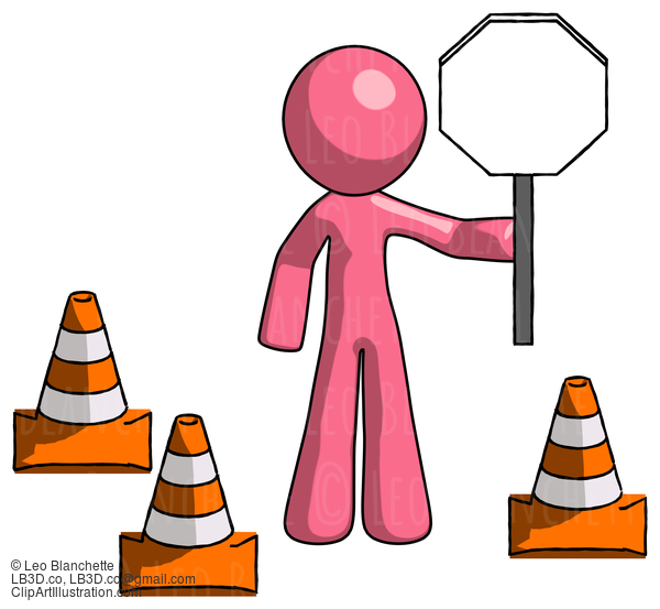 Pink Design Mascot Man Holding Stop Sign By Traffic Cones Under Construction Concept #9798