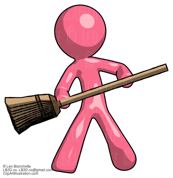 Pink Design Mascot Man Broom Fighter Defense Pose #9801