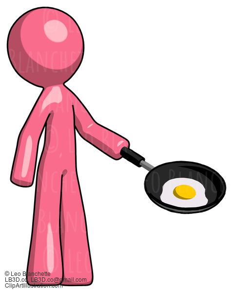 Pink Design Mascot Man Frying Egg In Pan Or Wok Facing Right #9802