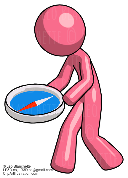 Pink Design Mascot Man Walking With Large Compass #9803