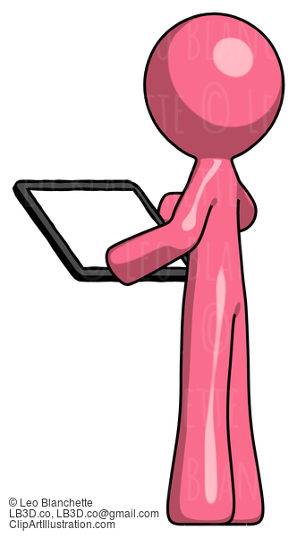 Pink Design Mascot Man Looking At Tablet Device Computer With Back To Viewer #9805