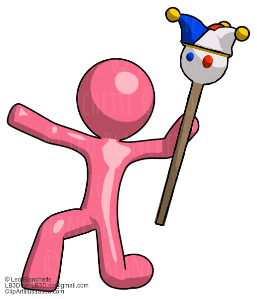 Pink Design Mascot Man Holding Jester Staff Posing Charismatically #9806