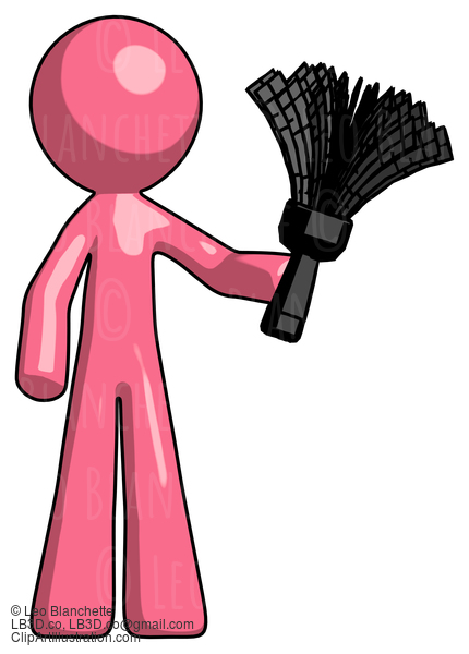 Pink Design Mascot Man Holding Feather Duster Facing Forward #9807