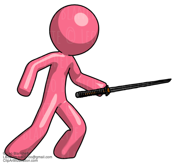 Pink Design Mascot Man Stabbing With Ninja Sword Katana #9812