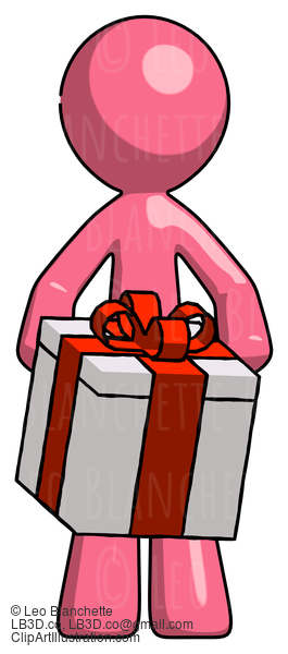 Pink Design Mascot Man Gifting Present With Large Bow Front View #9813