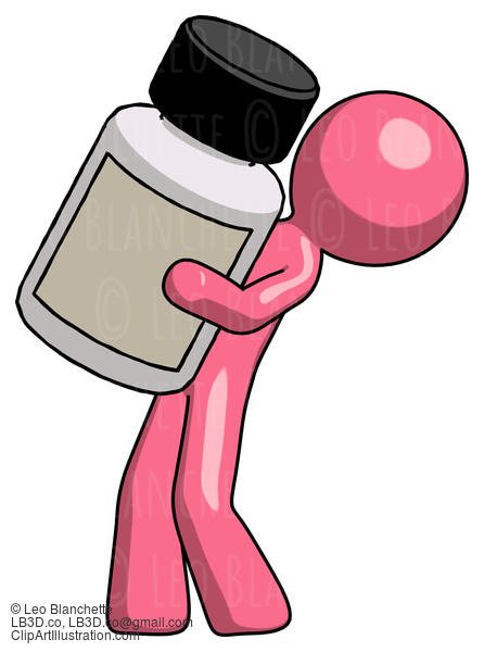 Pink Design Mascot Man Holding Large White Medicine Bottle #9816