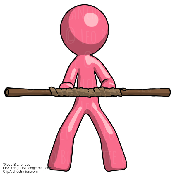 Pink Design Mascot Man Bo Staff Kung Fu Defense Pose #9818