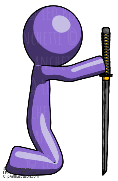 Purple Design Mascot Man Kneeling With Ninja Sword Katana Showing Respect #10736