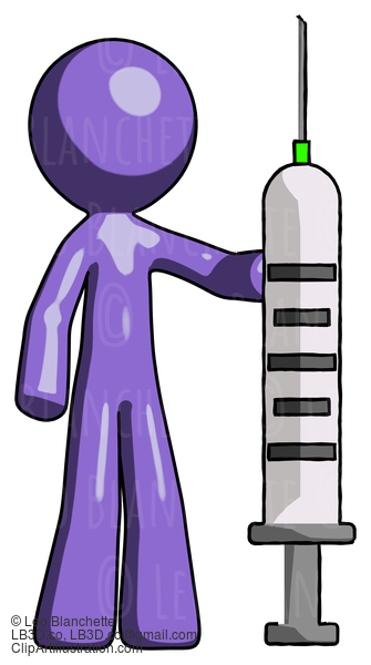 Purple Design Mascot Man Holding Large Syringe #10737