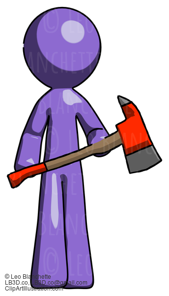 Purple Design Mascot Man Holding Red Fire Fighter’S Ax #10738