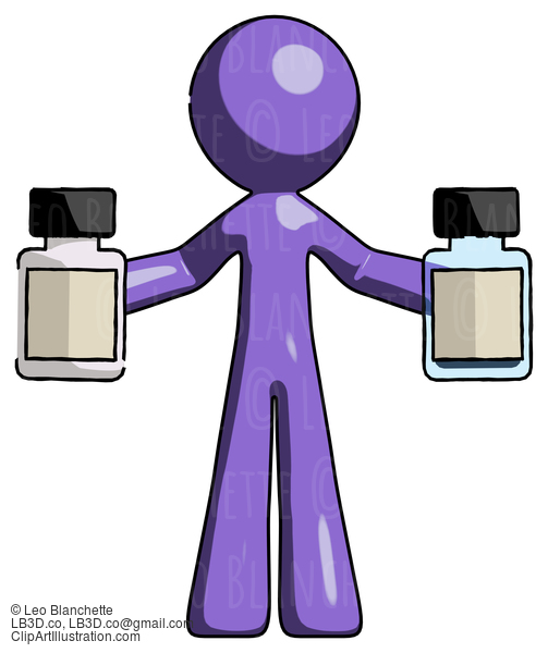 Purple Design Mascot Man Holding Two Medicine Bottles #10742