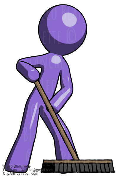 Purple Design Mascot Man Cleaning Services Janitor Sweeping Floor With Push Broom #10743