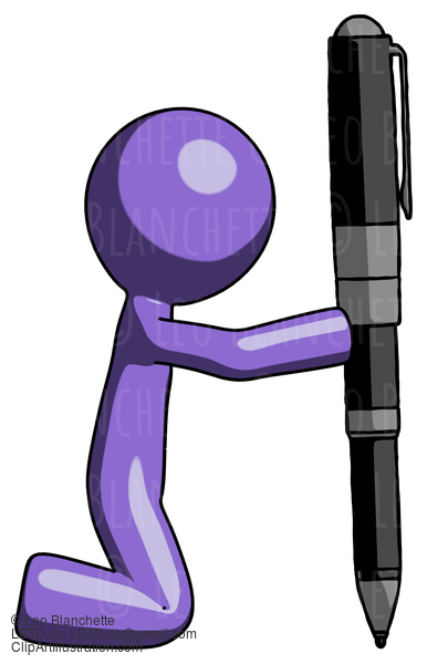 Purple Design Mascot Man Posing With Giant Pen In Powerful Yet Awkward Manner. #10745