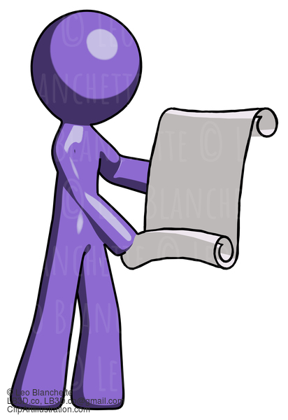 Purple Design Mascot Man Holding Blueprints Or Scroll #10750